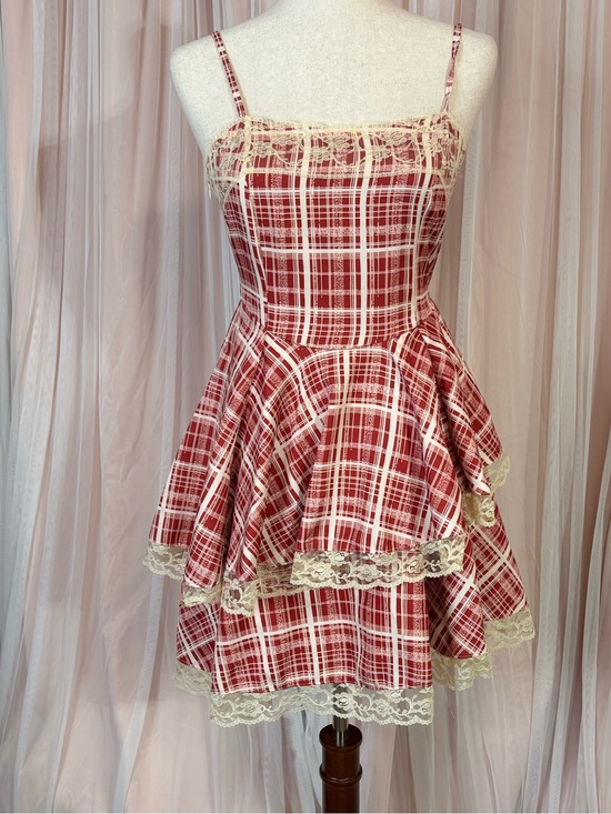 Yu Yuan Dresses & Skirts - Red Plaid Lace Tiered Cottagecore Coquette Mini Dress Size M